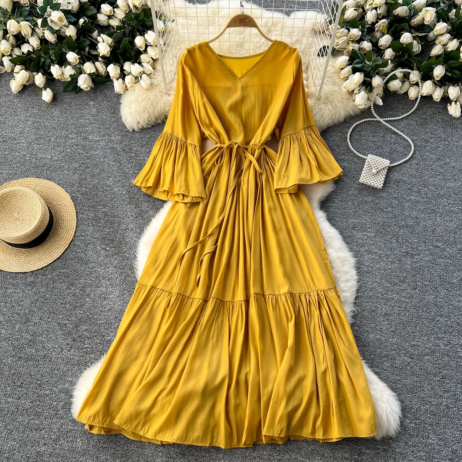 Gentle Wind V-ne Bell Sve Belted Waist Maxi Skirt Women's Dra Slimming Long Dr Korean Sle High Waist A-line Skirt