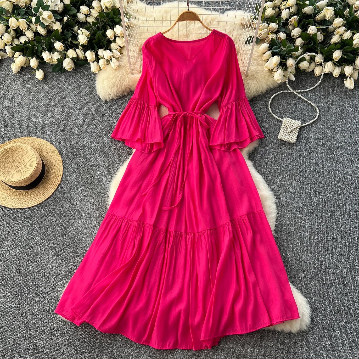 Gentle Wind V-ne Bell Sve Belted Waist Maxi Skirt Women's Dra Slimming Long Dr Korean Sle High Waist A-line Skirt