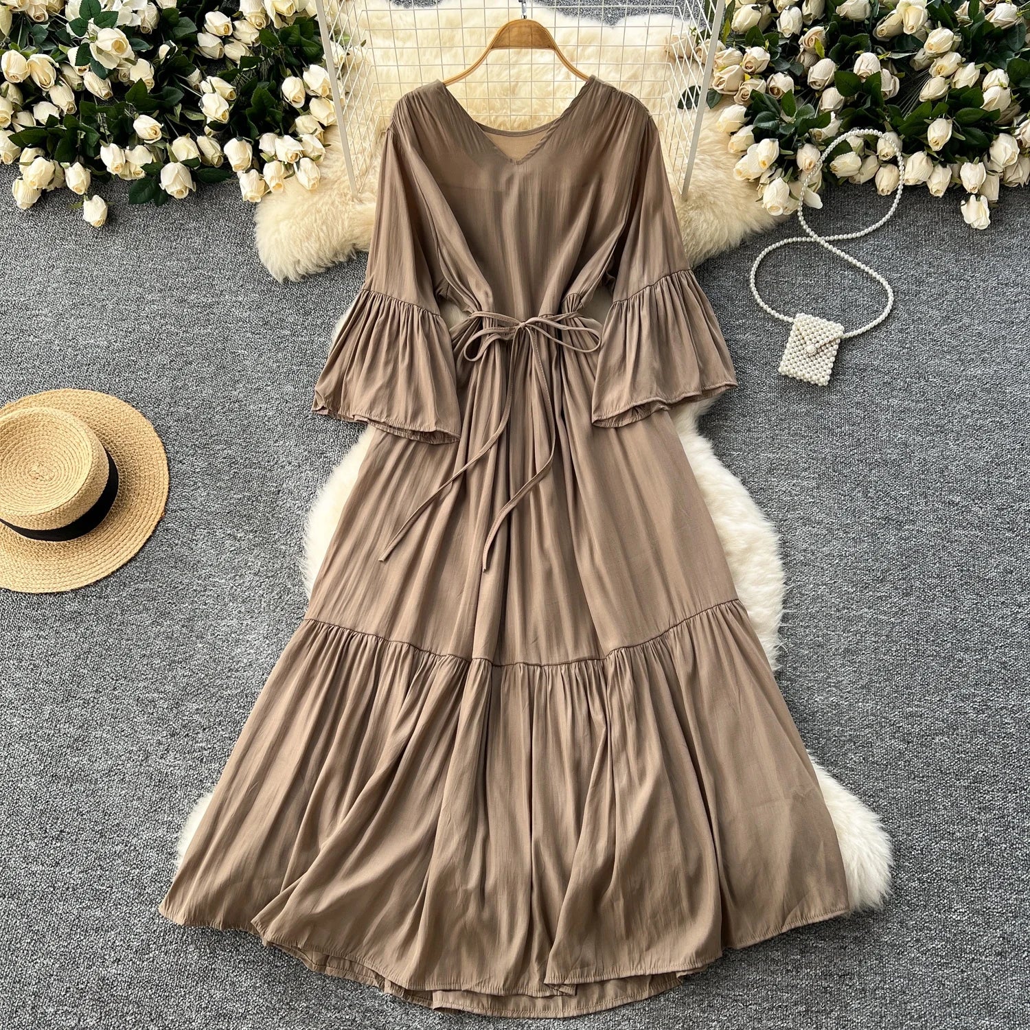 Gentle Wind V-ne Bell Sve Belted Waist Maxi Skirt Women's Dra Slimming Long Dr Korean Sle High Waist A-line Skirt