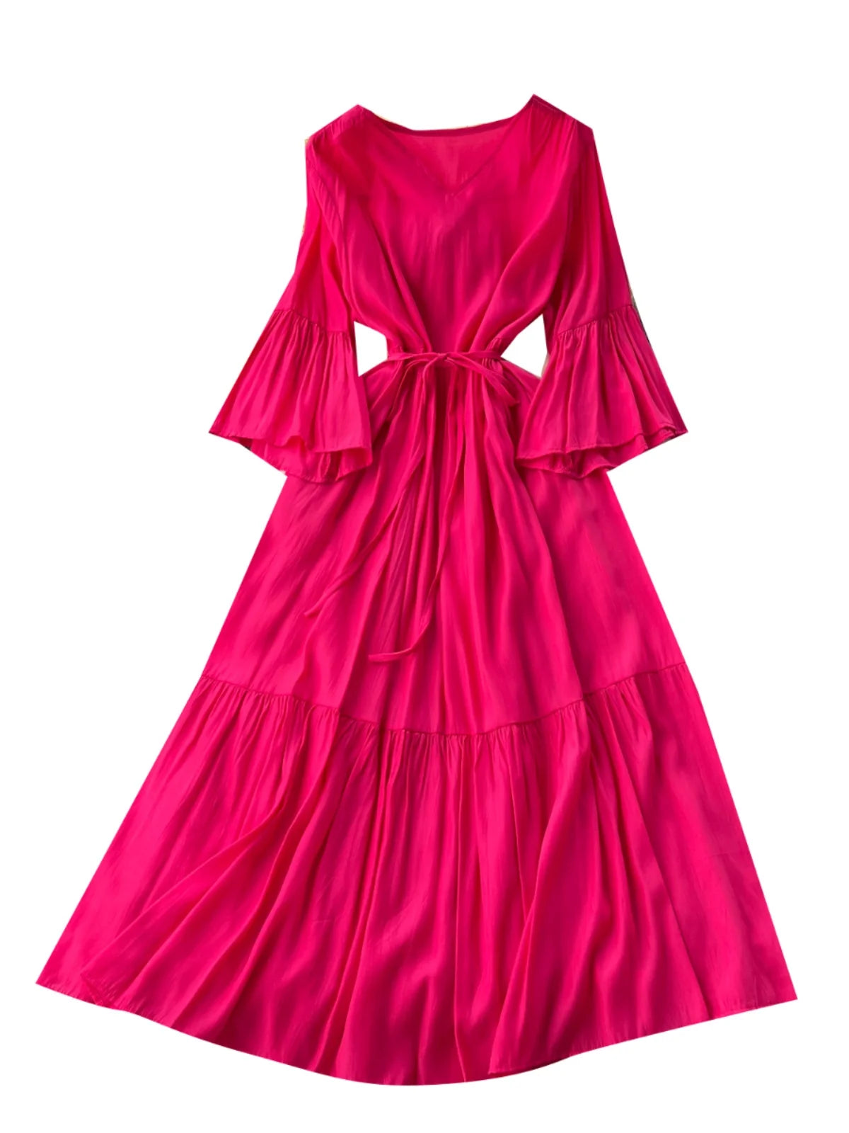 Gentle Wind V-ne Bell Sve Belted Waist Maxi Skirt Women's Dra Slimming Long Dr Korean Sle High Waist A-line Skirt