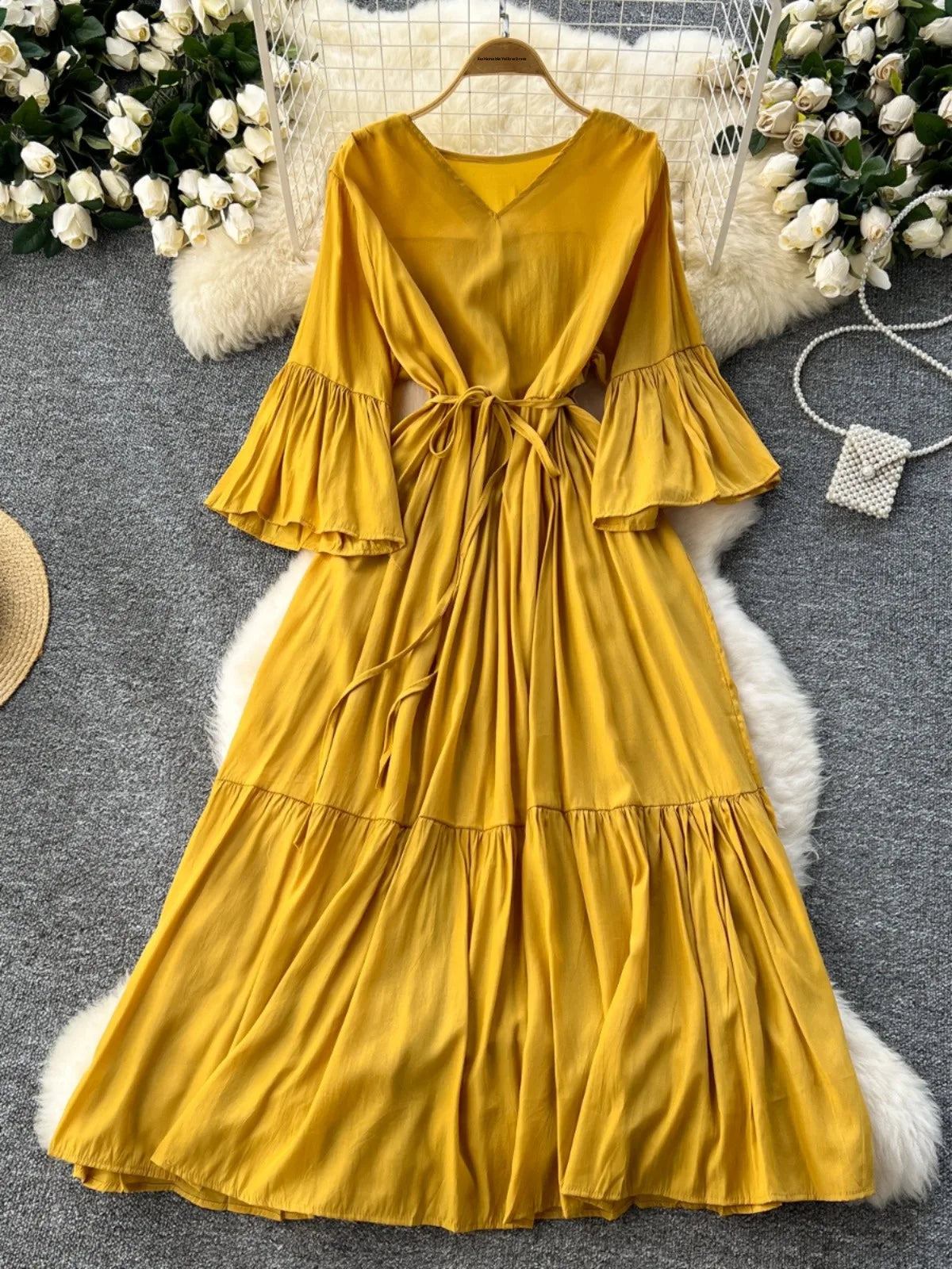 Gentle Wind V-ne Bell Sve Belted Waist Maxi Skirt Women's Dra Slimming Long Dr Korean Sle High Waist A-line Skirt