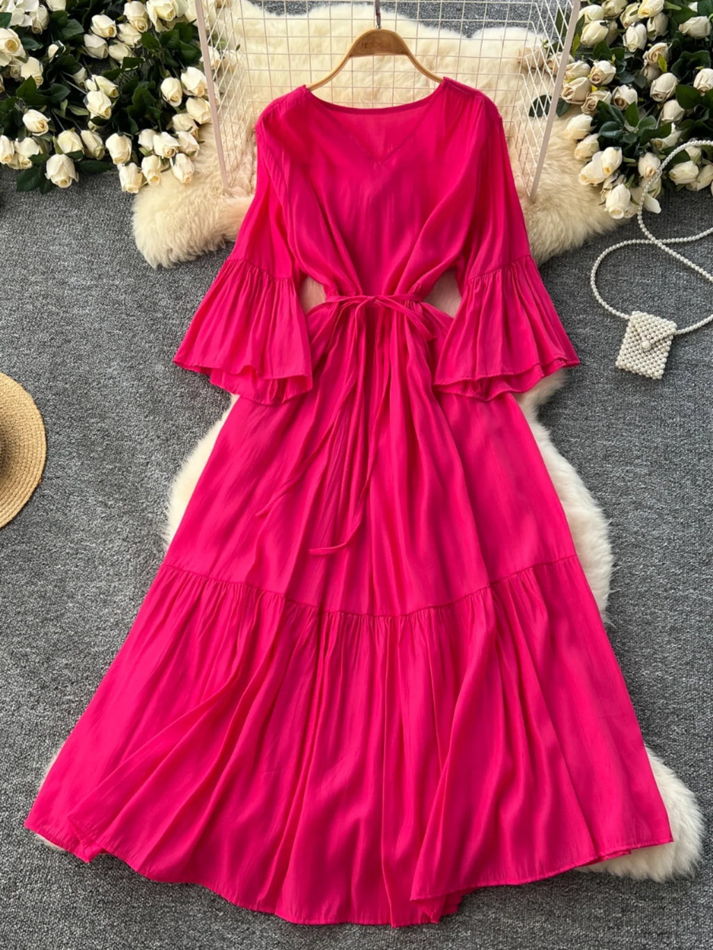 Gentle Wind V-ne Bell Sve Belted Waist Maxi Skirt Women's Dra Slimming Long Dr Korean Sle High Waist A-line Skirt