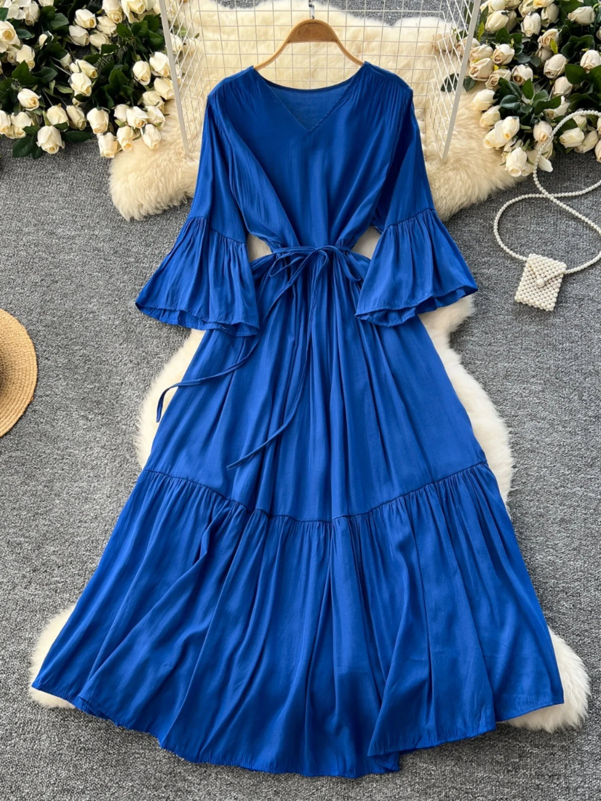 Gentle Wind V-ne Bell Sve Belted Waist Maxi Skirt Women's Dra Slimming Long Dr Korean Sle High Waist A-line Skirt